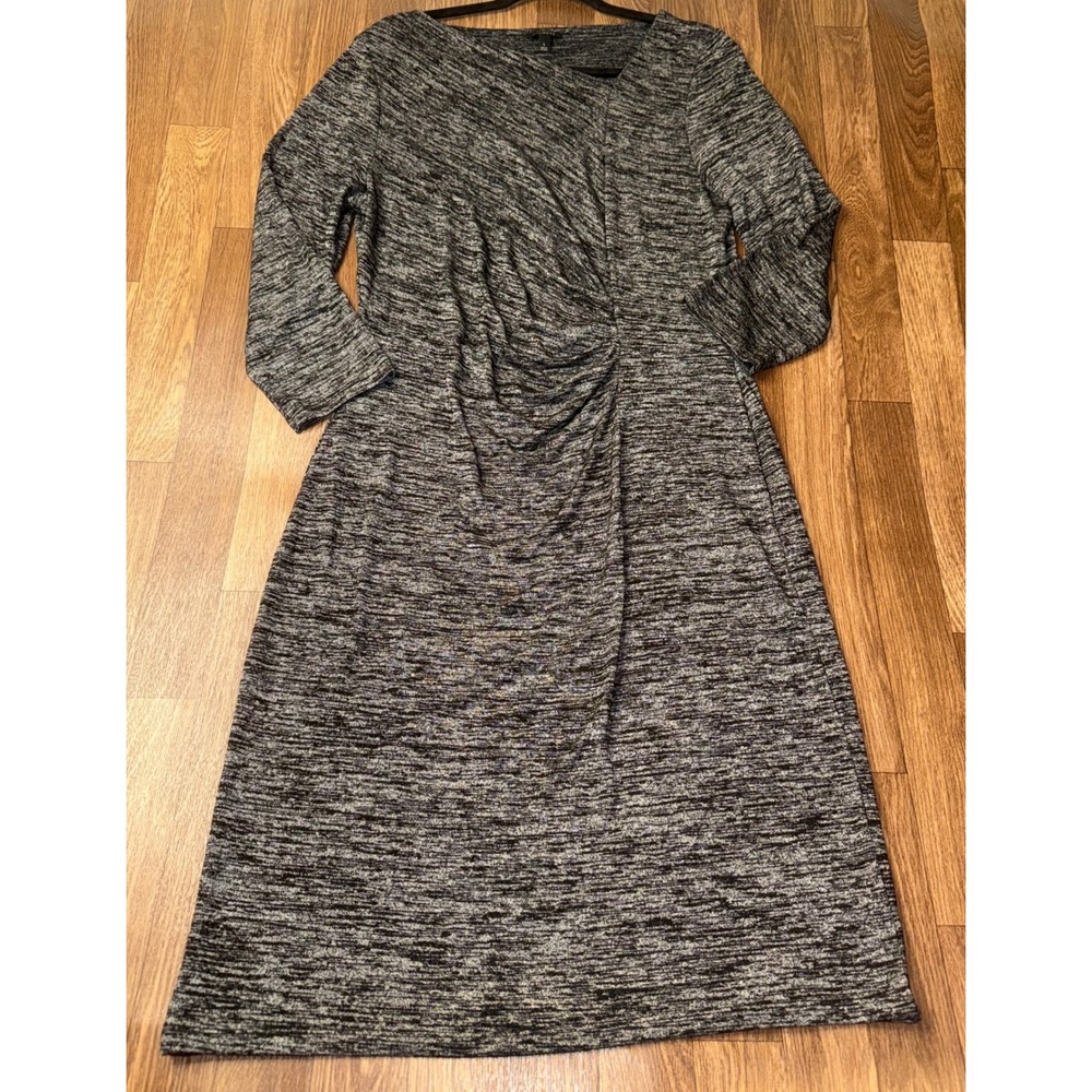 Talbots Womens Black White Space Dye Ruched Sheath Dress Long Sleeve‎ Large